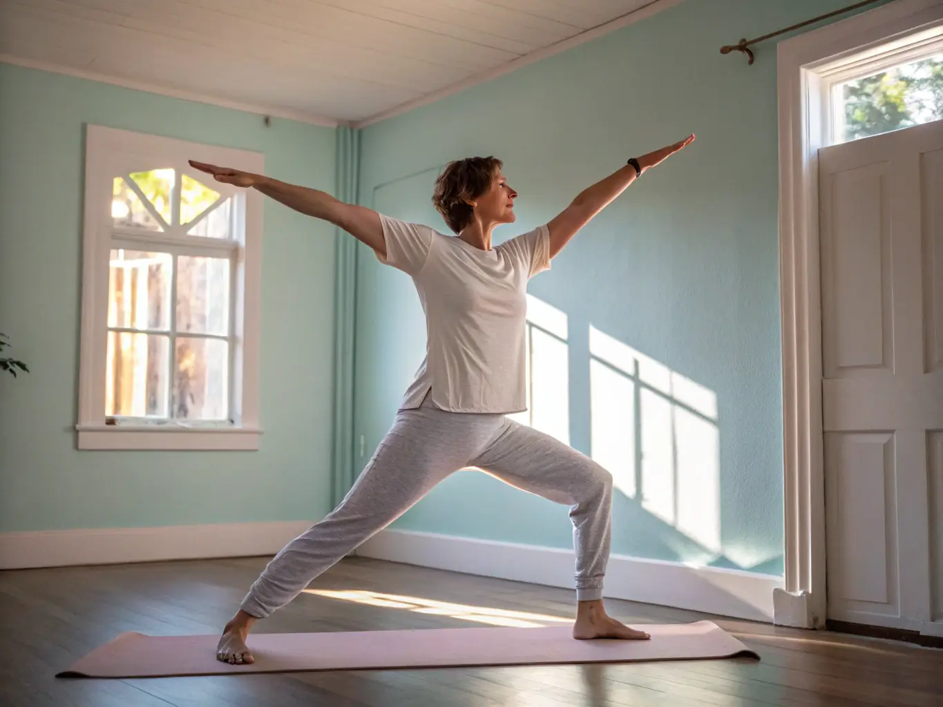 An image depicting a person engaging in gentle physical activity, such as yoga or stretching, symbolizing pain relief and improved physical function. The setting should be calming and supportive.