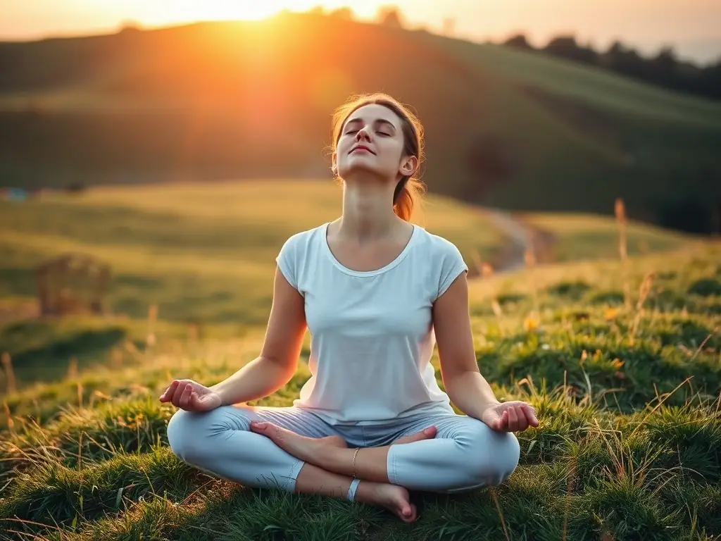 A serene image of a person meditating in a peaceful setting, representing mental clarity and emotional well-being achieved through ketamine therapy. The scene should evoke calmness and hope.