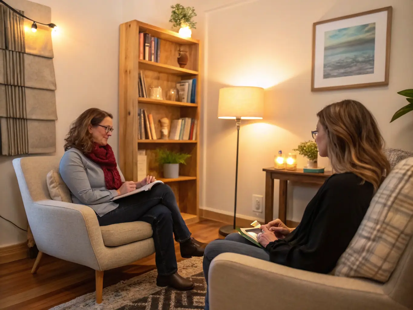 A supportive therapist guiding a patient through a session, emphasizing the personalized and compassionate care provided by Ketacyn Pharma. The image should convey trust and understanding.